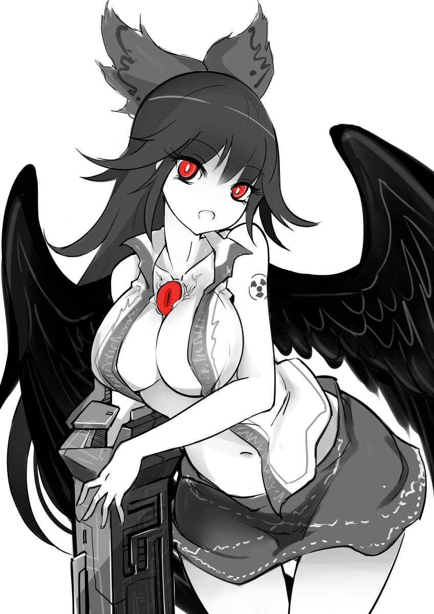 1girl arm_cannon bow breasts cleavage cowboy_shot feathered_wings hair_bow highres impossible_clothes impossible_skirt large_breasts long_hair looking_at_viewer miniskirt navel open_clothes open_mouth open_shirt radiation_symbol raptor7 red_eyes reiuji_utsuho shirt skirt solo spot_color stomach tattoo thighs third_eye touhou veins weapon wings