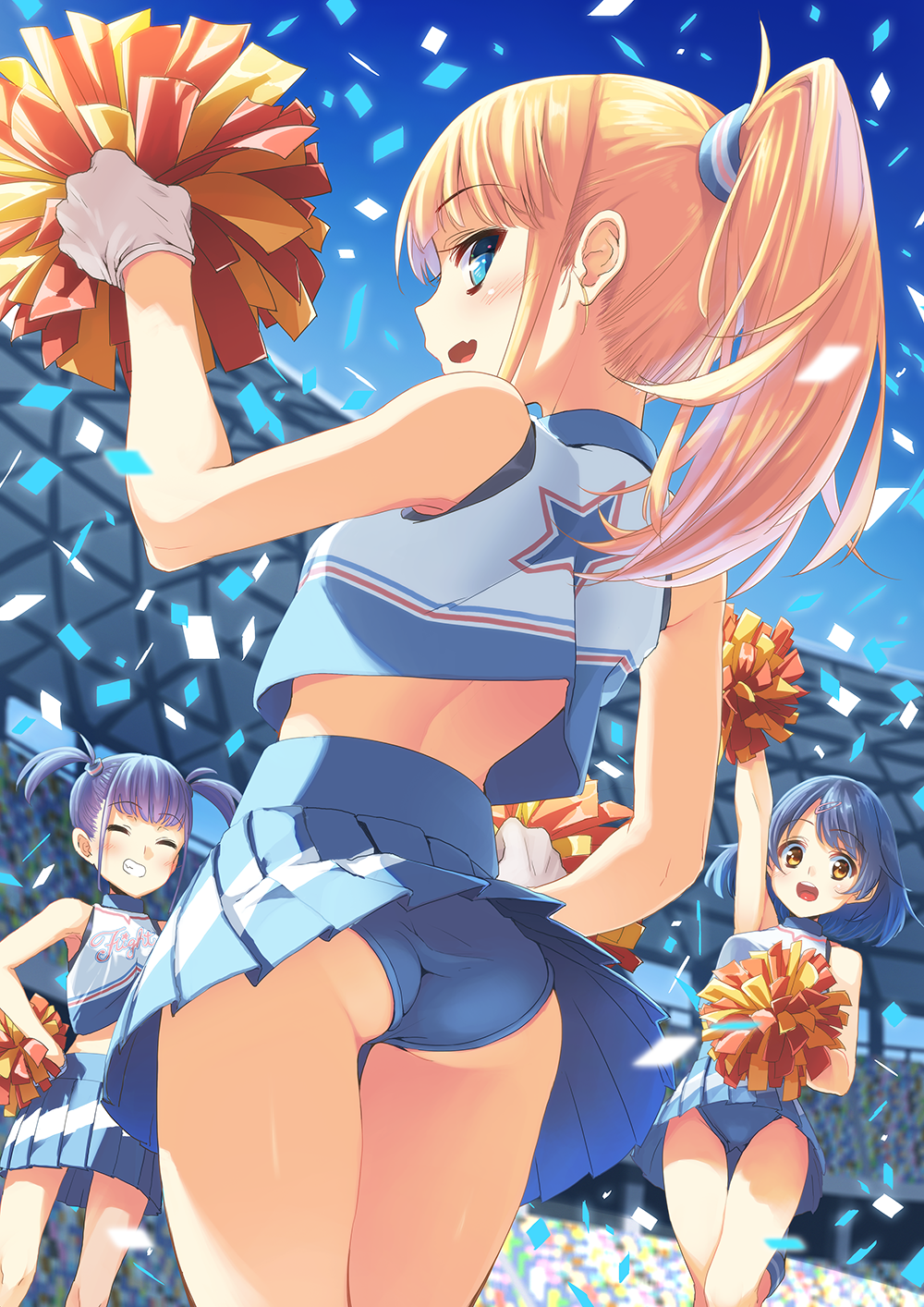 3girls arm_up ass back bare_shoulders blonde_hair blue blue_hair blue_panties blush bouzu_(bonze) brown_eyes cheerleader closed_eyes commentary_request confetti crop_top crop_top_overhang fang gloves grin hands_on_hips highres long_hair looking_at_viewer looking_back midriff multiple_girls open_mouth original panties pantyshot pantyshot_(standing) pleated_skirt pom_poms ponytail short_hair short_twintails skirt skirt_lift sleeveless smile stadium standing twintails underwear upskirt white_gloves wind wind_lift