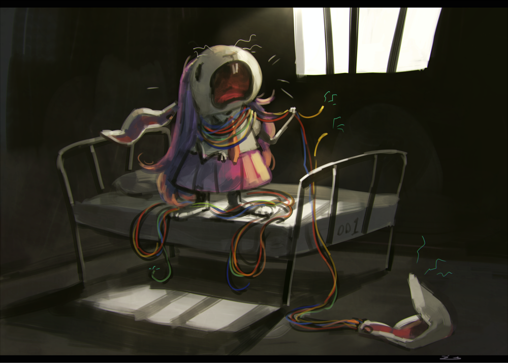 1girl animal_ears bed broken bunny_girl commentary crying koto_inari letterboxed long_hair necktie number pink_hair pink_skirt rabbit_ears red_necktie reisen_udongein_inaba shirt short_sleeves skirt solo standing standing_on_object teeth touhou very_long_hair whiskers white_shirt window wire