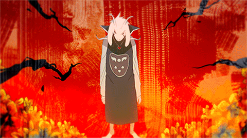 1boy androgynous animated animated_gif asriel_dreemurr bossmonsterbani brown_hair chara_(undertale) english evil_smile glowing heart heart_necklace injury lowres monster_boy possessed possession red_background shadow shirt smile spoilers striped striped_shirt subtitled torn_clothes torn_sleeves undertale