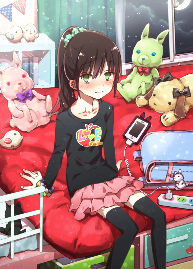 1girl arm_support backpack bag bag_charm black_legwear blush bookshelf bracelet brown_hair casual cat cellphone clothes_writing collarbone crescent curtains earrings electric_socket green_eyes hair_ornament hair_scrunchie jewelry light_particles light_smile looking_at_viewer on_bed original pennant phone pink_skirt polka_dot_scrunchie ponytail power_strip scrunchie sidelocks sitting skirt smartphone solo stuffed_animal stuffed_bunny stuffed_chicken stuffed_dog stuffed_toy synrnmd thigh-highs usb window zettai_ryouiki