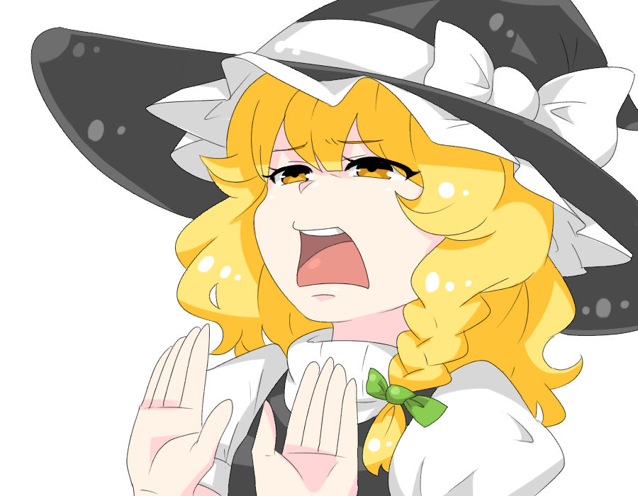 1girl blonde_hair bow braid hat hat_bow kieeyo kirisame_marisa open_mouth open_palms side_braid simple_background single_braid solo touhou white_background witch_hat yellow_eyes