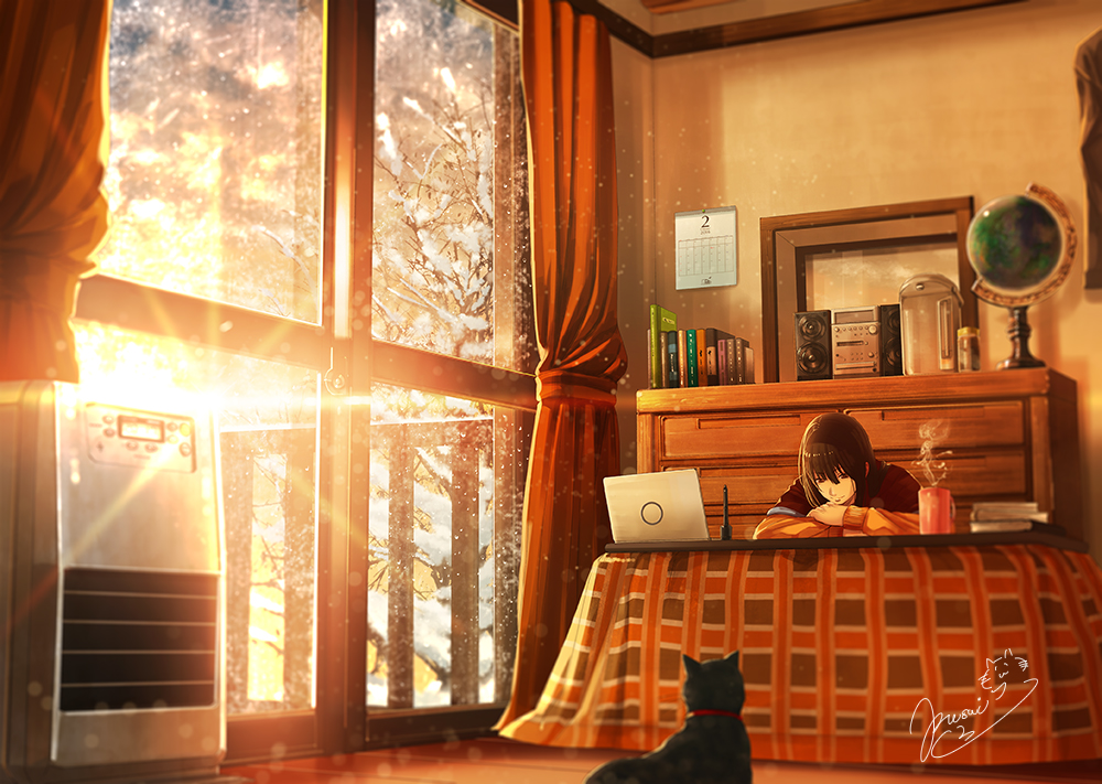 androgynous book cabinet calendar_(object) cat computer cup curtains february fusui globe heater indoors kotatsu laptop original radio reading scenery signature sitting snow solo steam sunlight table window wooden_floor