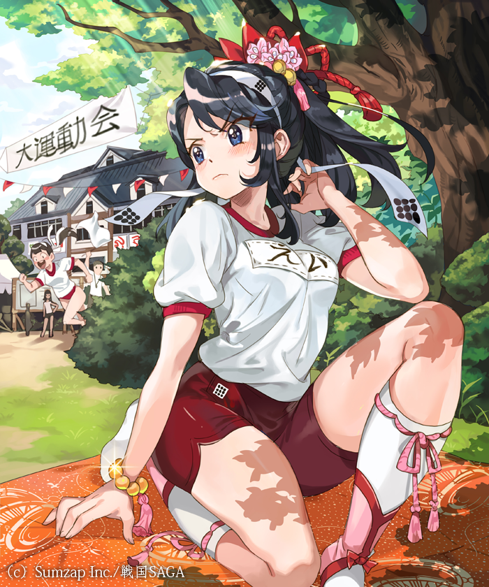 adjusting_hair angry bangs black_hair blue_eyes blush bracelet clothes_writing flower frown gym_uniform hair_flower hair_ornament hairband inzup jewelry kneehighs long_hair looking_away looking_back ponytail school sengoku_saga shorts solo_focus sports_festival swept_bangs tree