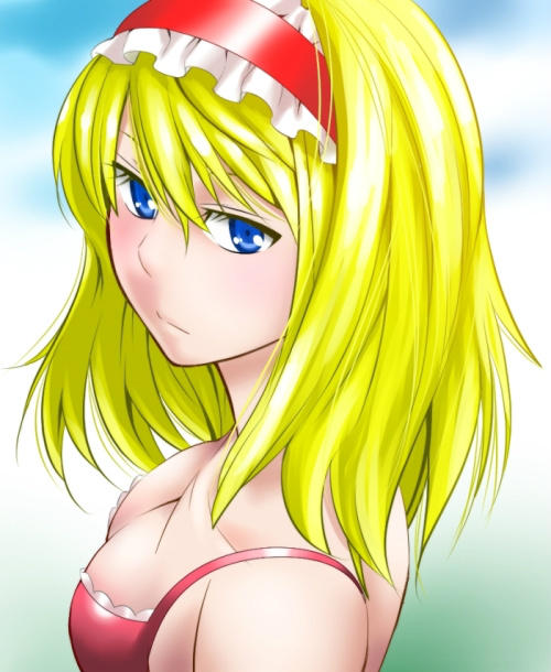 1girl alice_margatroid blonde_hair blue_eyes bra breasts cleavage commentary_request hairband kurirou lolita_hairband looking_at_viewer red_bra short_hair solo touhou underwear upper_body