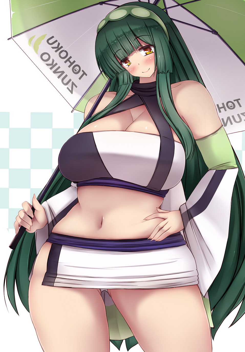 1girl ass ass_visible_through_thighs bangs bare_shoulders blush breasts detached_sleeves green_hair hairband hand_on_hip highres large_breasts long_hair looking_at_viewer miniskirt navel panties skirt smile solo stomach thigh_gap thighs touhoku_zunko umbrella underwear very_long_hair vocaloid voiceroid white_panties wide_sleeves yellow_eyes yuzumiya_mono