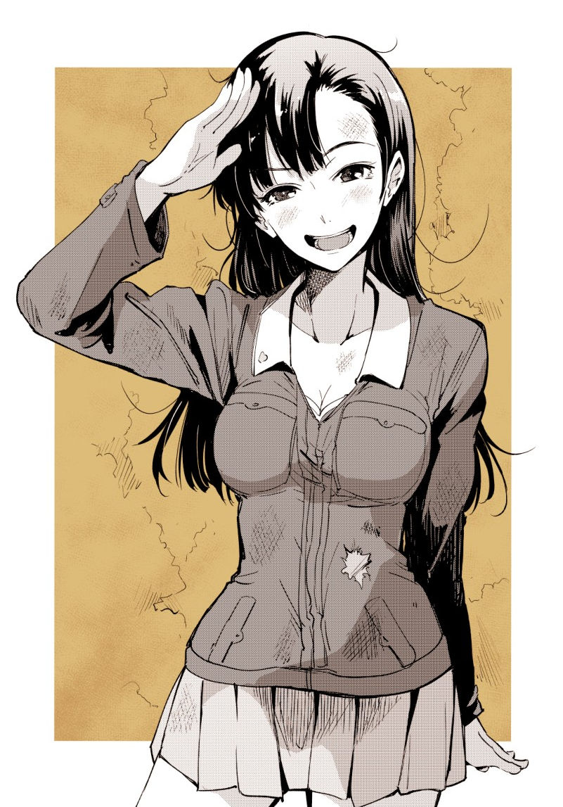 1girl :d black_hair breasts cleavage collarbone contrapposto dirty long_hair monochrome open_mouth pleated_skirt salute skirt smile sokusekimaou solo teeth