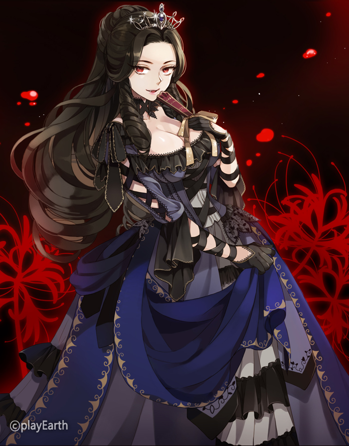 1girl black_hair blood breasts choker dress drill_hair fan fang flower gloves inzup long_hair original parted_lips red_eyes slime solo spider_lily tiara vampire