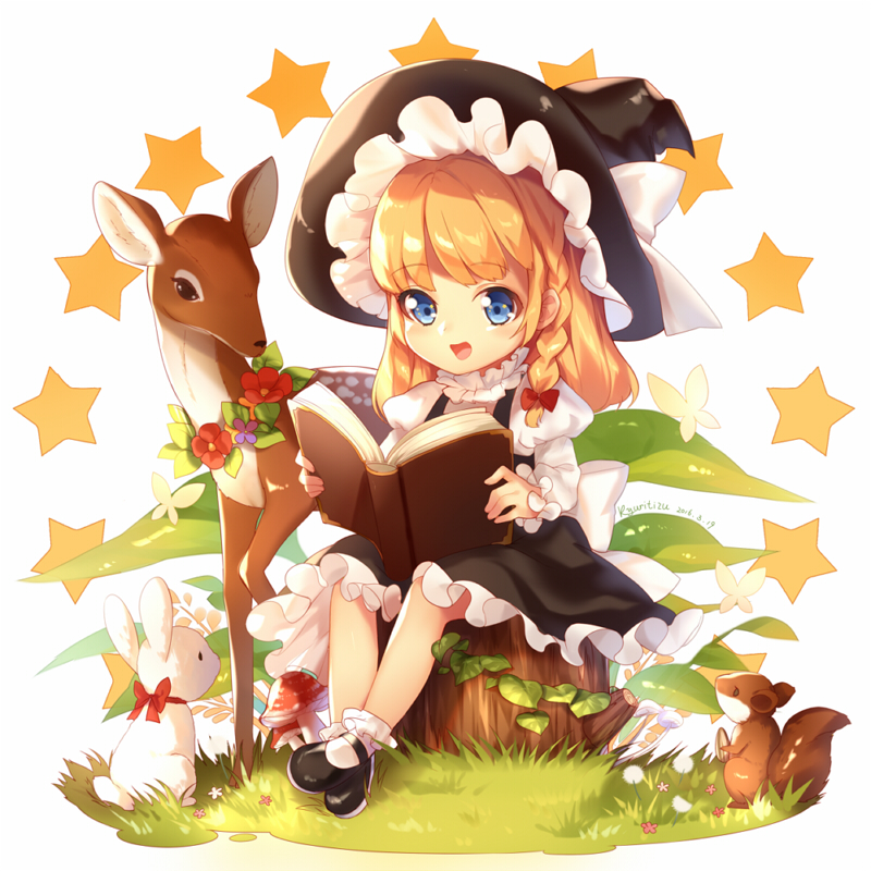 1girl 2016 :d animal artist_name black_shoes blonde_hair blue_eyes book bow braid butterfly dated deer frills hat hat_bow kirisame_marisa kyuri_(405966795) long_hair looking_at_viewer mary_janes mushroom open_book open_mouth plant rabbit shoes side_braid single_braid sitting smile solo squirrel star touhou tree_stump witch_hat