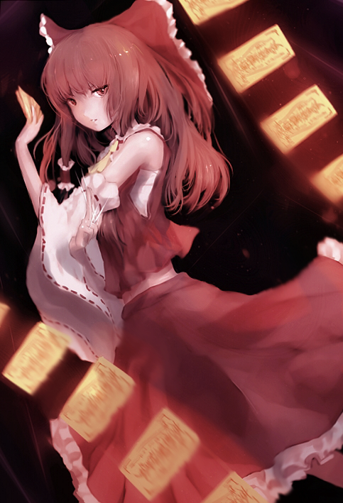 1girl ascot between_fingers bow brown_hair collar cube detached_sleeves dyolf frilled_collar frilled_skirt frills glowing hair_bow hair_tubes hakurei_reimu hand_up long_hair looking_at_viewer midriff needle red_bow red_eyes red_shirt red_skirt ribbon-trimmed_sleeves ribbon_trim sarashi shiny shiny_hair shirt skirt solo talismans touhou wide_sleeves