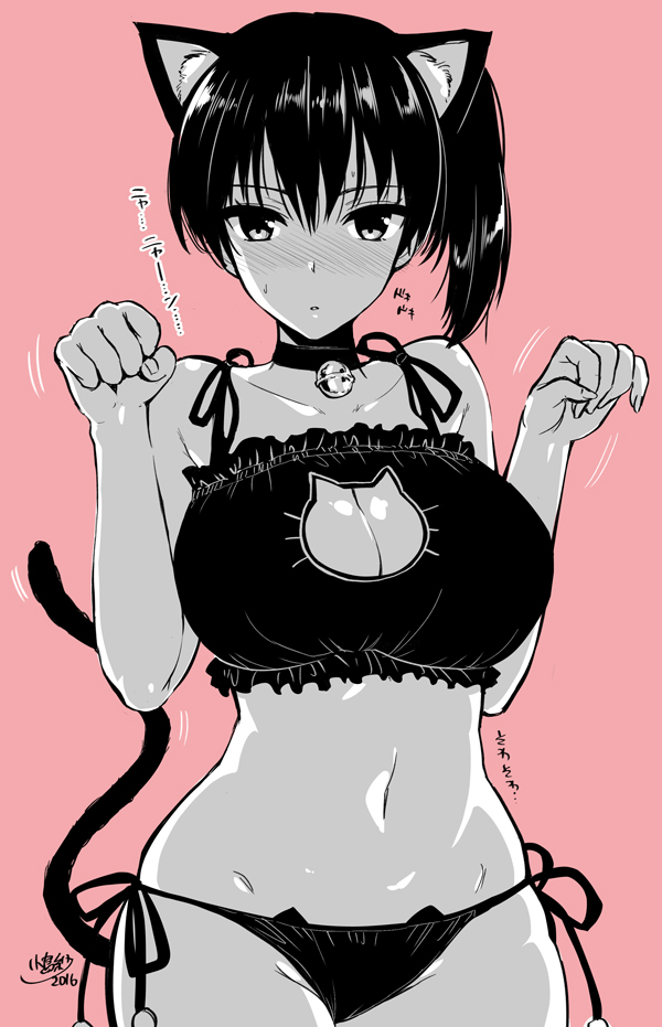 1girl animal_ears bell bell_choker blush breasts cat_cutout cat_ear_panties cat_ears cat_lingerie cat_tail choker cleavage cleavage_cutout kaga_(kantai_collection) kantai_collection kojima_saya large_breasts looking_at_viewer monochrome panties paw_pose pink_background short_hair side-tie_panties side_ponytail solo tail underwear underwear_only
