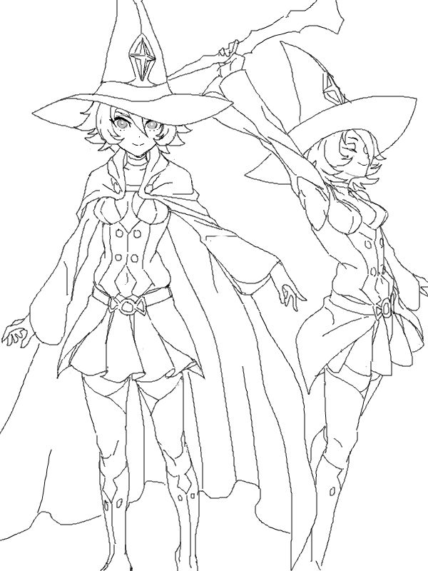 1girl arm_up belt boots breasts cape cape_removed character_sheet choker cleavage closed_eyes cosmic_bear detached_sleeves hat holding_up lineart little_witch_academia looking_at_viewer monochrome navel navel_cutout pleated_skirt shiny_chariot short_hair skirt smile staff thigh-highs wide_sleeves witch_hat