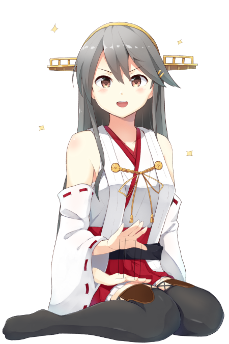 1girl bare_shoulders black_hair brown_eyes commentary_request detached_sleeves hair_ornament hairband hairclip haruna_(kantai_collection) japanese_clothes kantai_collection long_hair nontraditional_miko open_mouth ribbon-trimmed_sleeves ribbon_trim sitting skirt smile solo sui_(tsuruhibiki) thigh-highs