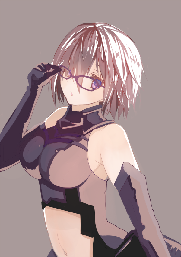 1girl armor bad_id blue_eyes breasts elbow_gloves fate/grand_order fate_(series) glasses gloves hair_over_one_eye looking_at_viewer navel parted_lips purple_background purple_hair satsuki_(kasuga_521) shielder_(fate/grand_order) short_hair simple_background solo violet_eyes