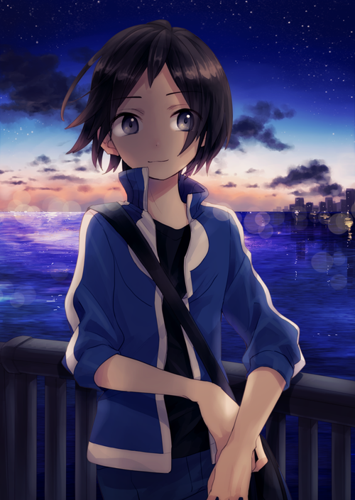 1boy bag black_hair blue_eyes blue_jacket blue_pants building calme_(pokemon) city closed_mouth clouds cowboy_shot grey_eyes jacket looking_at_viewer male_focus night night_sky niimura_(csnel) no_hat open_clothes open_jacket outdoors pants pokemon pokemon_(game) pokemon_xy railing shoulder_bag sky skyscraper smile solo star_(sky) starry_sky twilight water