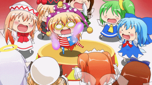 6+girls :d american_flag_shirt animated animated_gif blonde_hair blue_hair brown_hair cirno clownpiece daiyousei drill_hair dual_persona green_hair halo hat himouto!_umaru-chan jester_cap lily_black lily_white long_hair luna_child multiple_girls open_mouth parody short_hair side_ponytail silver_hair smile star_sapphire sunny_milk touhou trait_connection twintails wings zombie_fairy