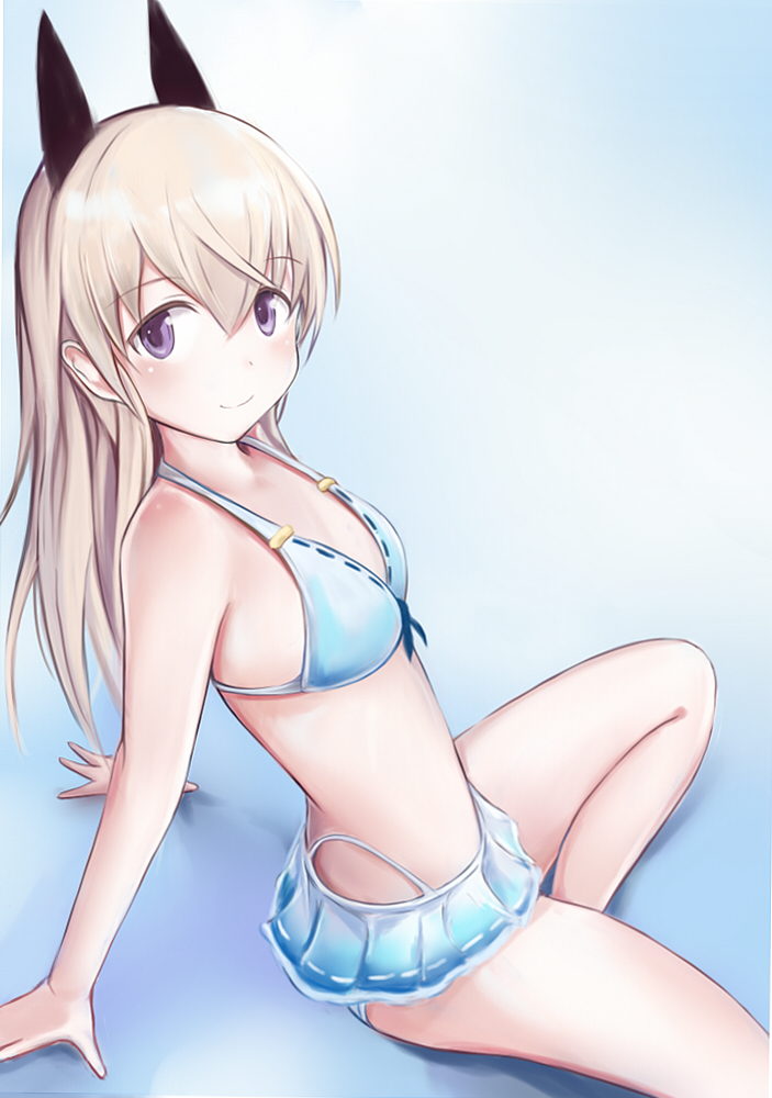 1girl animal_ears armpits bare_arms bare_legs bare_shoulders bikini bikini_skirt blonde_hair blue_eyes blue_skirt cat_ears eila_ilmatar_juutilainen eyebrows eyebrows_visible_through_hair gradient gradient_background leaning_back long_hair looking_at_viewer miniskirt nannacy7 pleated_skirt pointy_ears ribbon-trimmed_bikini simple_background sitting skirt small_breasts smile solo spread_legs strike_witches swimsuit tareme violet_eyes