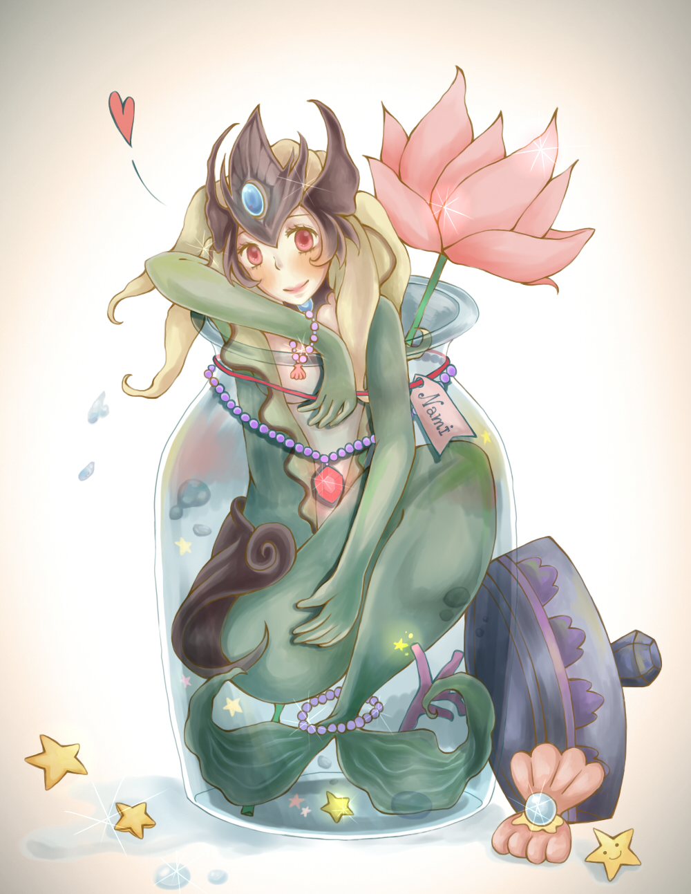 1girl blonde_hair bottle bracelet character_name circusarri flower full_body gem headpiece heart highres jewelry league_of_legends looking_at_viewer mermaid monster_girl nami_(league_of_legends) necklace pearl red_eyes smile solo star