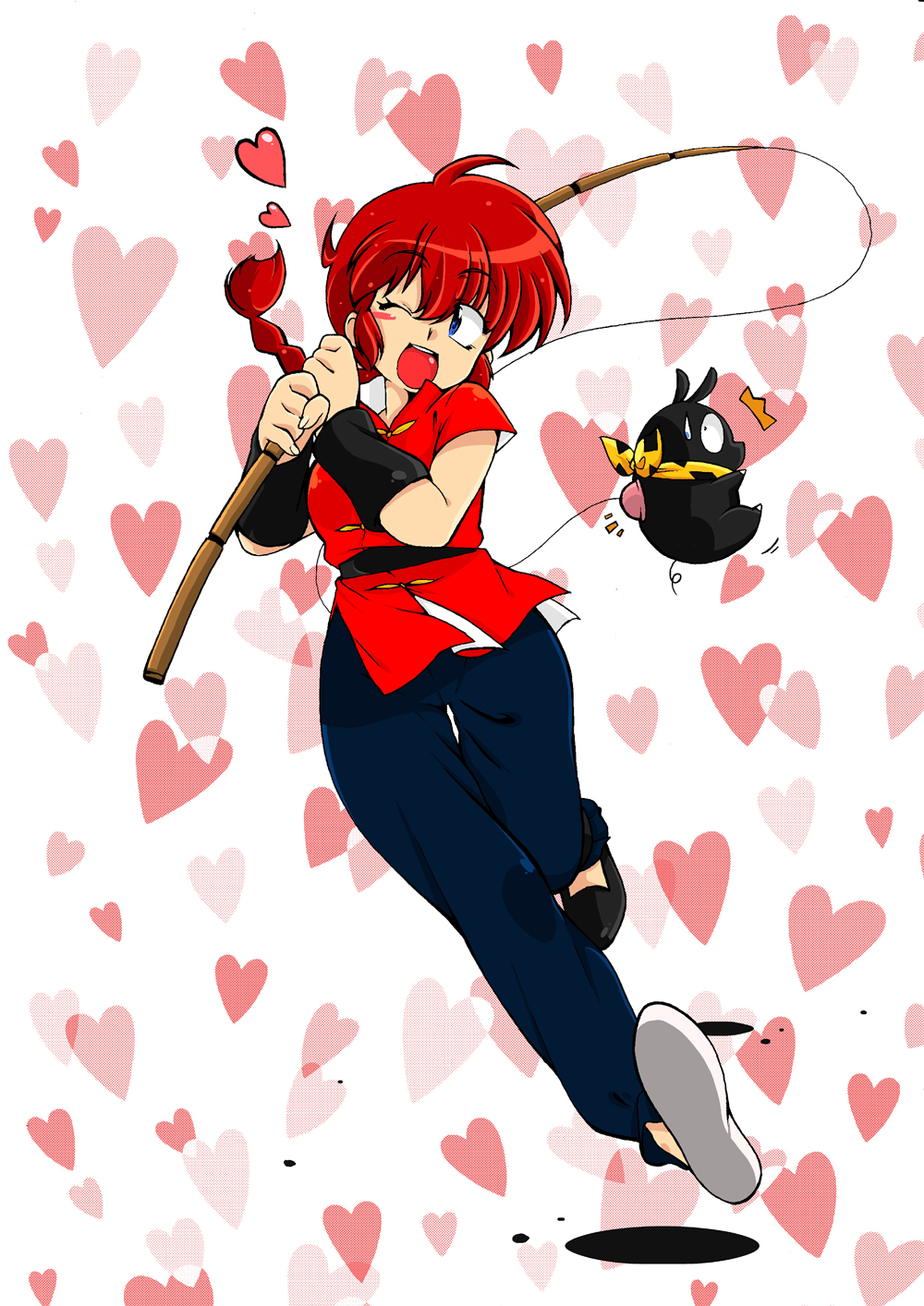 1girl bandana blue_eyes blush bracer braid chinese_clothes commentary_request female fishing_rod genderswap heart heart_background highres mtf one_eye_closed open_mouth p-chan pig ranma-chan ranma_1/2 red_shirt redhead saotome_ranma shirt single_braid slippers smile suction_cups suzusato_rinka sweatdrop