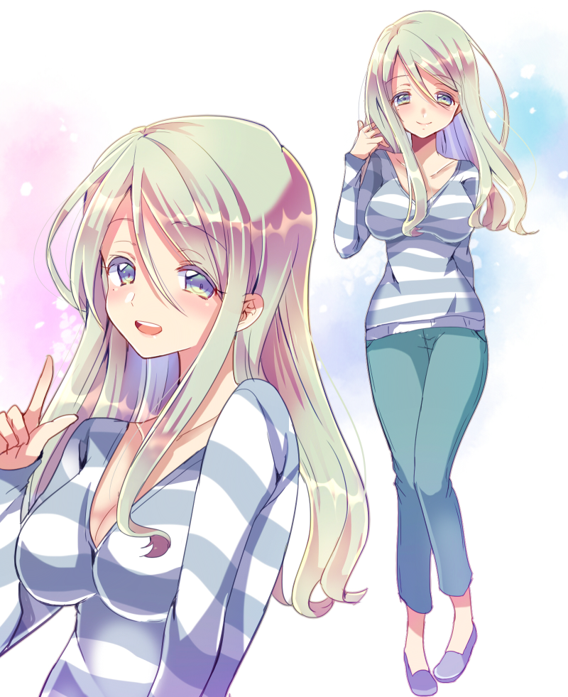 1girl aqua_eyes blonde_hair blush breasts chihiro_(oimo) cleavage long_hair mole mole_under_eye original smile solo striped