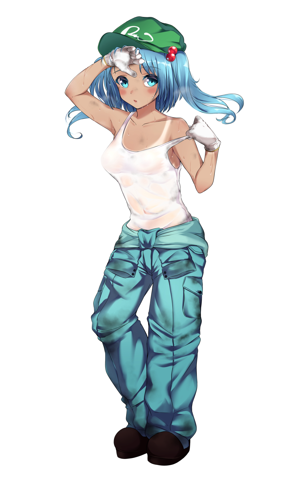 1girl arm_up bare_arms bare_shoulders black_footwear blue_eyes blue_hair blue_pants blush breasts cabbie_hat collarbone full_body gloves green_headwear hair_bobbles hair_ornament hat highres kawashiro_nitori looking_at_viewer medium_breasts paburisiyasu pants parted_lips pocket see-through shoes short_hair simple_background solo standing strap_pull strap_slip sweat tan tank_top tanline touhou two_side_up wet wet_clothes white_background white_gloves white_tank_top