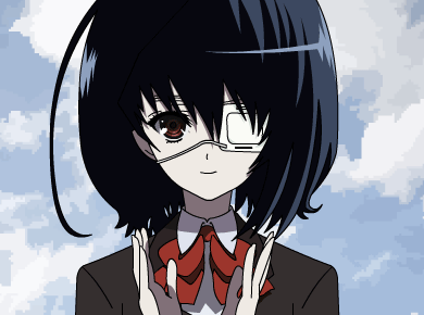 1girl animated animated_gif another artist_request black_hair clapping clouds cloudy_sky drawfag eyepatch lowres misaki_mei neon_genesis_evangelion parody red_eyes school_uniform short_hair simple_background sky smile solo source_request upper_body