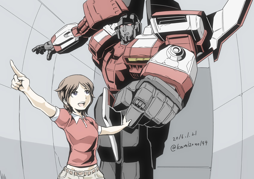 1boy 1girl airplane alexa_(transformers) decepticon jet kamizono_(spookyhouse) machinery mecha red_skin robot science_fiction short_hair smile starscream transformers transformers_armada twitter_username