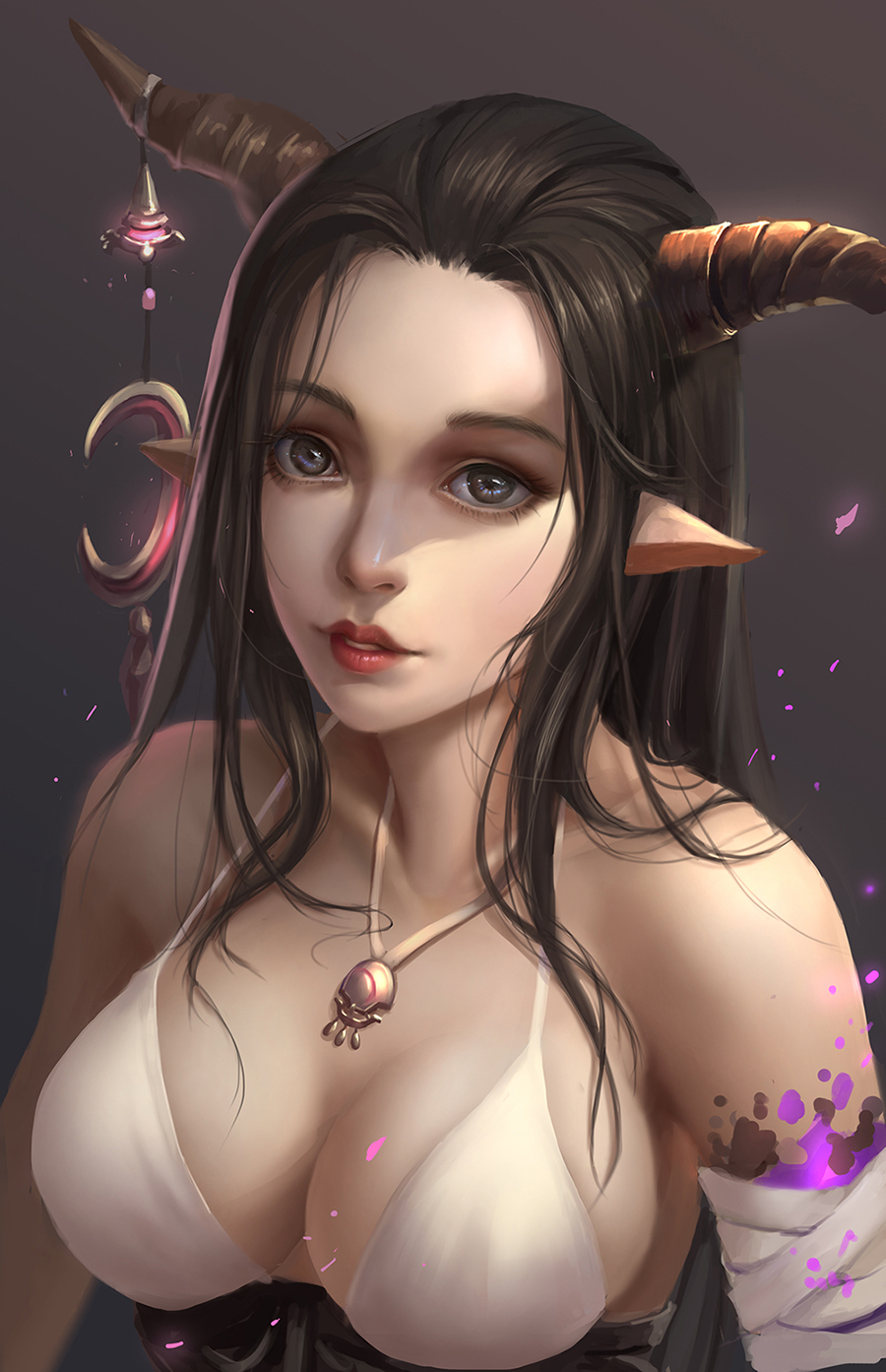 1girl bare_shoulders black_hair blue_eyes breasts cleavage collarbone danua granblue_fantasy highres horns lalan_fengchu lipstick makeup parted_lips pointy_ears realistic red_lipstick solo