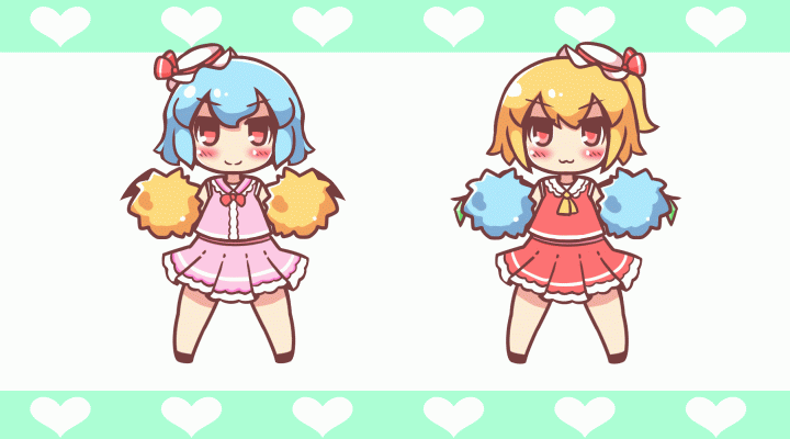 &gt;:3 &gt;:d &gt;_&lt; 2girls :3 :d =_= alternate_costume animated animated_gif arm_up bat_wings blonde_hair bloomers blue_hair blush bow bowtie cheering cheerleader chibi closed_eyes fang flandre_scarlet green_background hat heart maitora mob_cap multiple_girls one_leg_raised open_mouth pom_poms red_bow red_bowtie red_eyes remilia_scarlet short_hair side_ponytail simple_background sleeveless smile touhou underwear white_background wings xd