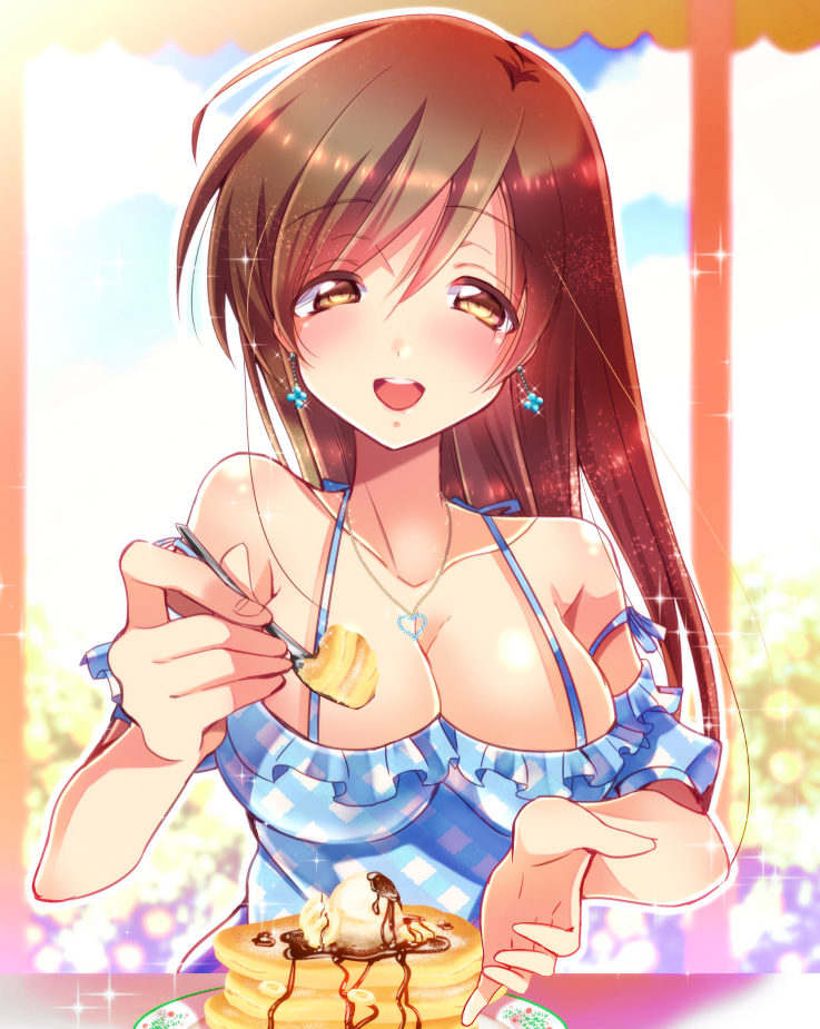 1girl blush breasts brown_eyes brown_hair chihiro_(oimo) cleavage food ice_cream idolmaster idolmaster_cinderella_girls long_hair looking_at_viewer nitta_minami pancake pov solo