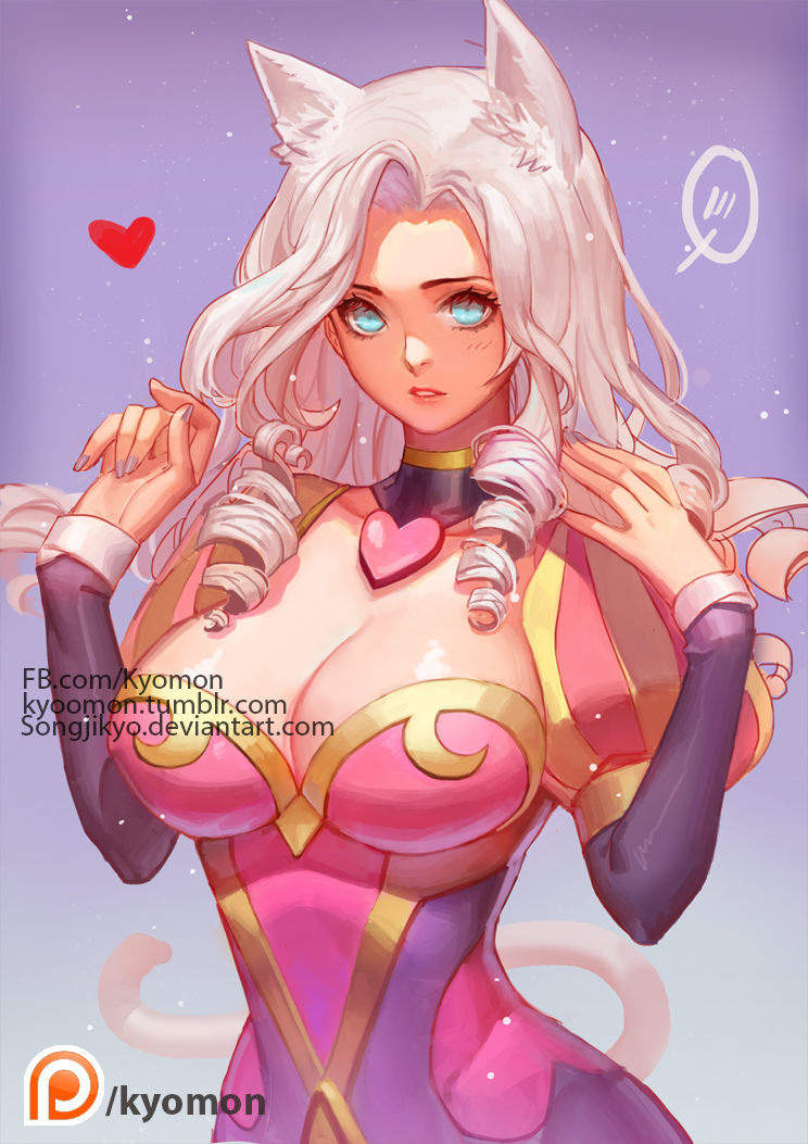 1girl animal_ears ashe_(league_of_legends) blue_eyes blush breasts cat_ears cat_tail cleavage collarbone cowboy_shot curly_hair dress heart large_breasts league_of_legends long_hair looking_at_viewer pink_dress purple_background simple_background songjikyo tail upper_body white_hair