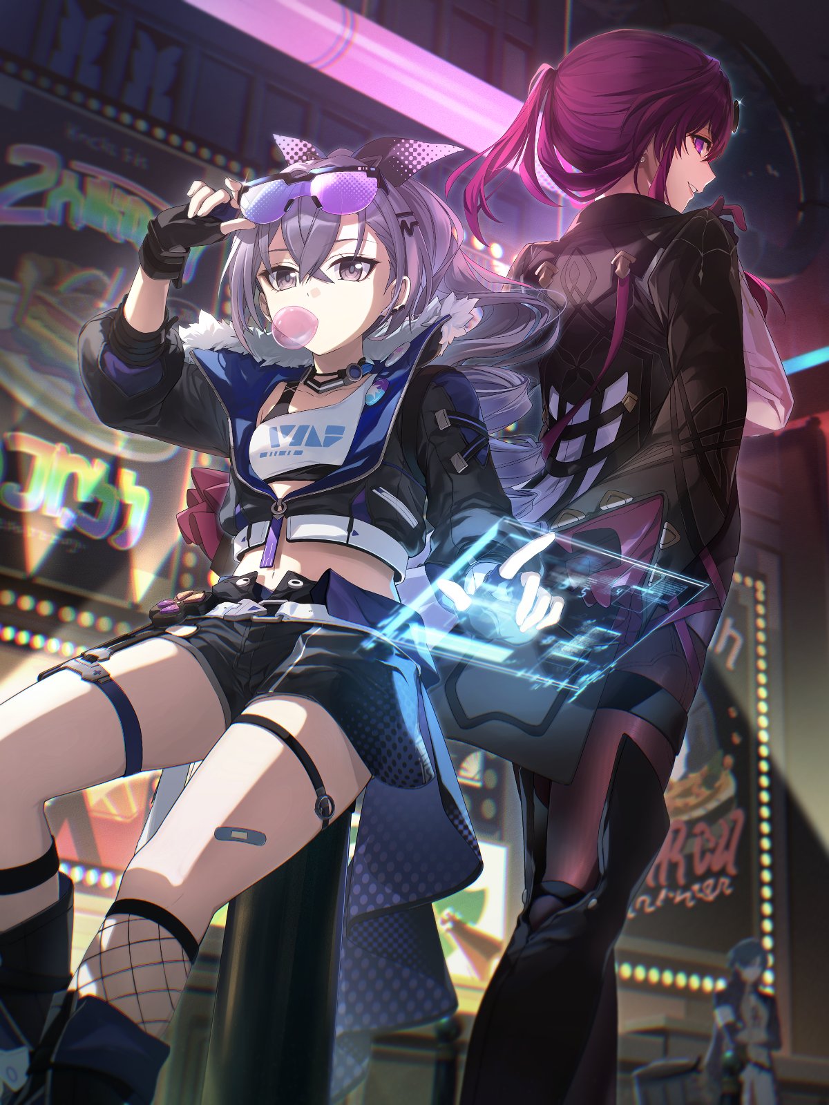 1boy 2girls bandages_over_clothes bandaid bandaid_on_leg black_gloves blade_(honkai:_star_rail) breasts chewing_gum chinese_clothes coat coat_on_shoulders crossed_arms fingerless_gloves fishnets fur-trimmed_jacket fur_trim gloves goggles goggles_on_head grey_eyes grey_hair highres honkai:_star_rail honkai_(series) jacket kafka_(honkai:_star_rail) mm_(motot) multiple_girls purple_hair screen silver_wolf_(honkai:_star_rail) sitting small_breasts smile standing violet_eyes white_sleeves
