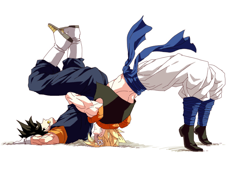 2boys black_hair blonde_hair boots dragon_ball dragon_ball_z earrings german_suplex gloves gogeta jewelry kim_yura_(goddess_mechanic) male_focus multiple_boys muscle potara_earrings super_saiyan suplex vegetto vest white_boots white_gloves