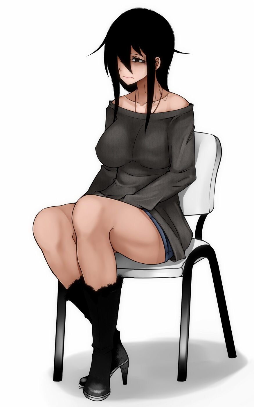 1girl 3: aoshima bags_under_eyes black_eyes black_hair boots breasts chair collarbone commentary_request empty_eyes frown hair_over_one_eye high_heel_boots high_heels highres large_breasts legs lips lipstick long_hair makeup off-shoulder_shirt original sad shirt short_shorts shorts sitting solo