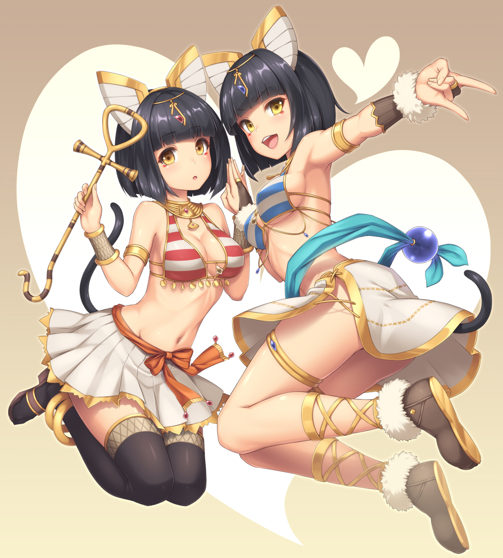 2girls :d :o \n/ animal_ears ankh anklet armlet armpits bangs bikini bikini_top black_legwear blue_ribbon blunt_bangs blush bob_cut boots bow breasts bridal_gauntlets brown_background cat_ears cat_tail circlet cleavage coin_purse cross-laced_legwear egyptian_clothes eyebrows eyebrows_visible_through_hair full_body fur_trim gem hair_ornament halterneck heart holding jewelry looking_at_viewer makeup midriff multiple_girls navel necklace open_mouth orange_bow orange_ribbon original outstretched_arm pendant pleated_skirt ribbon ring sand-rain sasaame scepter side-tie_skirt skirt smile stomach striped striped_bikini swimsuit tail thigh-highs thigh_boots under_boob upskirt white_skirt wristband yellow_eyes