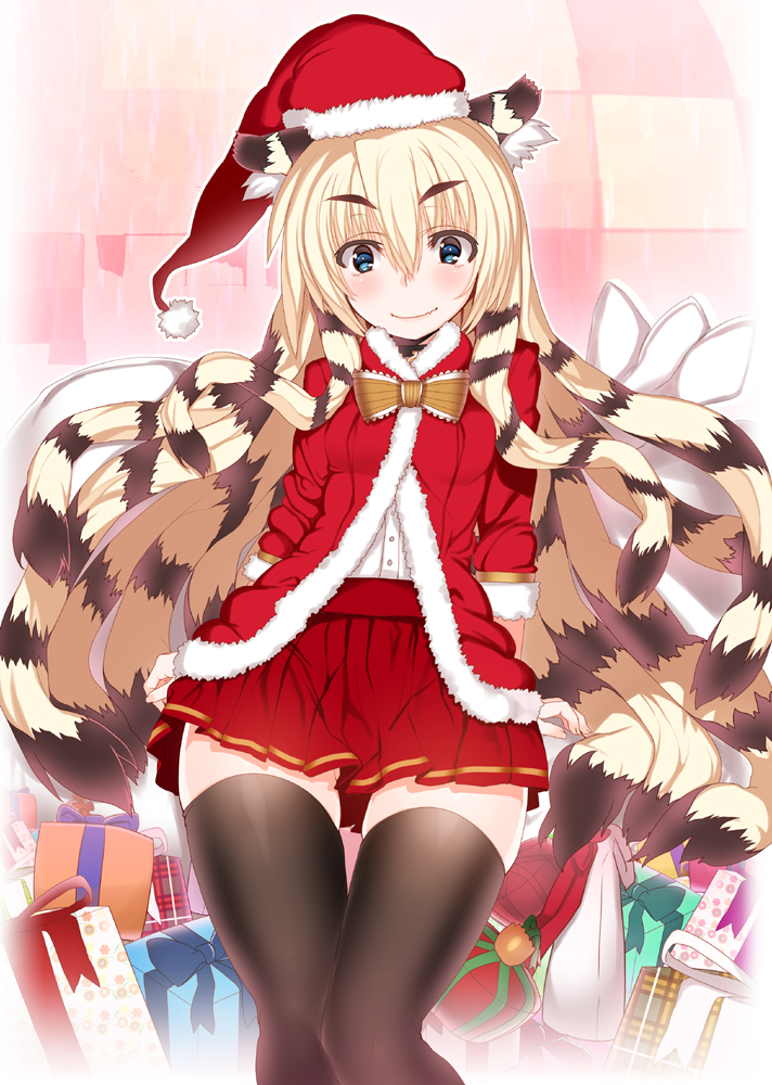 1girl animal_ears black_hair black_legwear blonde_hair blue_eyes blush char choker fur_trim gift hat long_hair looking_at_viewer multicolored_hair original sack santa_costume santa_hat skirt thigh-highs two-tone_hair very_long_hair