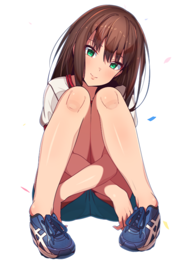 1girl bare_legs blue_shoes blue_shorts blush brown_hair closed_mouth confetti crossed_arms erere full_body green_eyes head_tilt idolmaster idolmaster_cinderella_girls knees_together_feet_apart knees_up legs long_hair looking_at_viewer pigeon-toed puffy_short_sleeves puffy_sleeves shibuya_rin shirt shoelaces shoes short_sleeves sitting smile solo tareme white_shirt