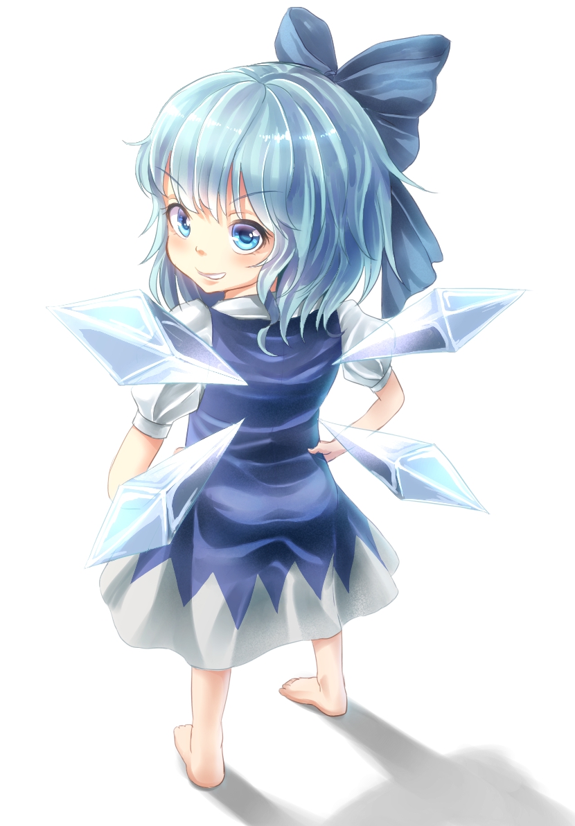 &gt;:d 1girl :d bad_perspective barefoot blue_dress blue_eyes blue_hair bow cirno dress from_behind full_body grin hair_bow hands_on_hips ice ice_wings legs light looking_back open_mouth shiny shiny_hair shirt simple_background sleeveless sleeveless_dress smile smirk t.m_(aqua6233) touhou transparent_wings white_background white_shirt wings