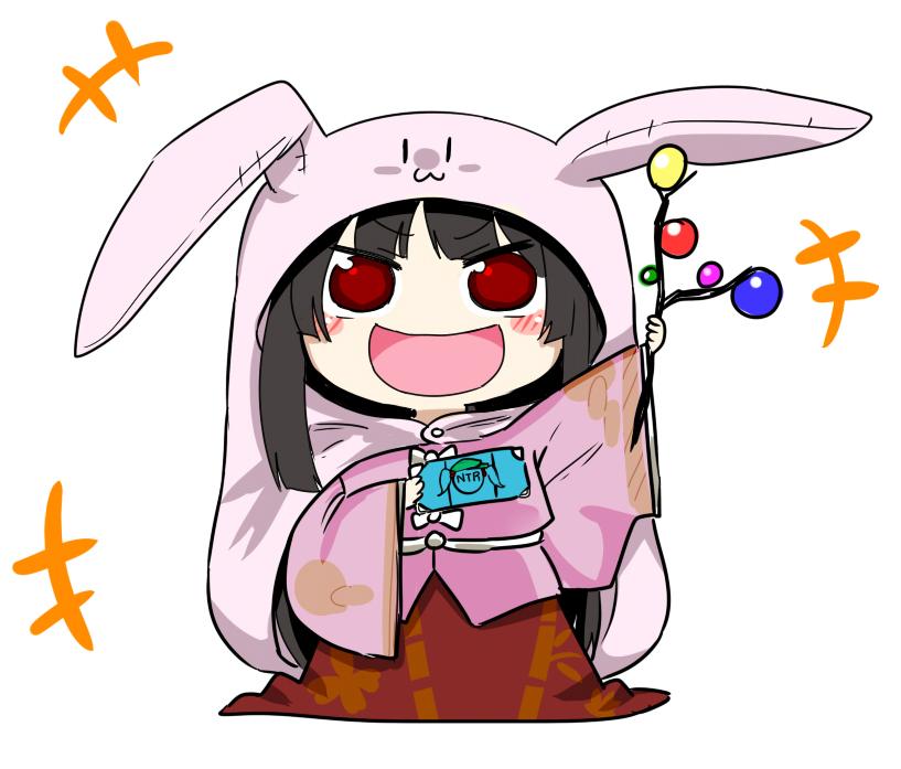 +++ 1girl :d animal_hood black_hair blush branch bunny_hood chibi commentary_request gensei_ruri handheld_game_console hime_cut himouto!_umaru-chan hood houraisan_kaguya japanese_clothes jeweled_branch_of_hourai long_hair long_sleeves looking_at_viewer open_mouth parody playstation_portable red_eyes smile solo touhou wide_sleeves