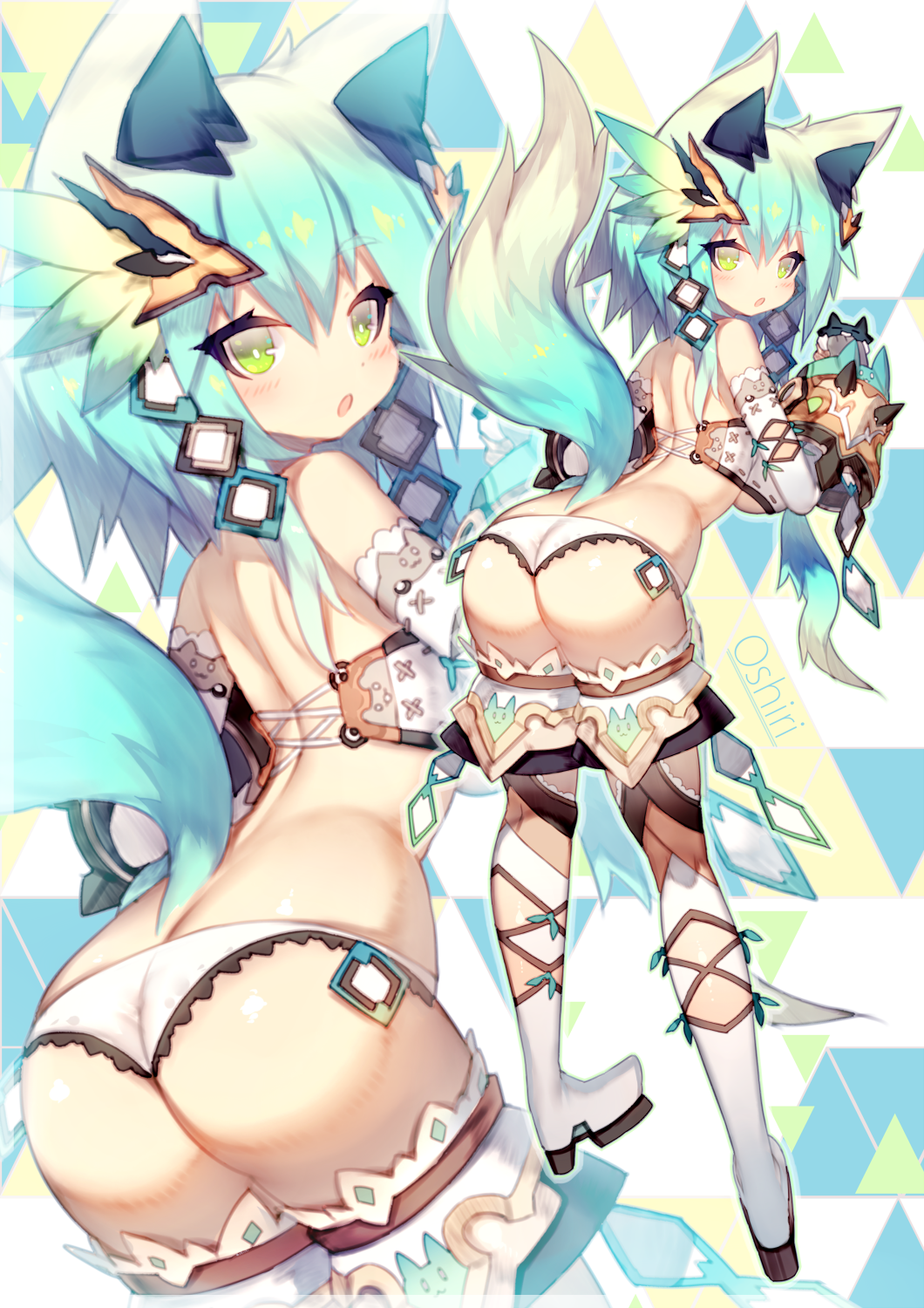 1girl :o animal_ears aqua_hair argyle argyle_cutout ass back bandeau bangs bare_shoulders bikini blush boots breasts cat_print cross-laced_clothes detached_pants eyebrows eyebrows_visible_through_hair from_behind garters gloves green_eyes hair_between_eyes hair_ornament highres leaning_forward mamuru original paw_gloves solo standing stitches strapless swimsuit tail thigh-highs thigh_boots triangle under_boob white_bikini white_legwear wrist_cuffs zoom_layer