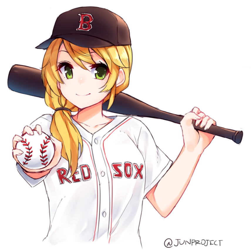 1girl artist_name baseball baseball_bat baseball_cap blonde_hair blush boston_red_sox brown_hat brown_ribbon buttons closed_mouth clothes_writing collarbone ellen_baker green_eyes hair_over_shoulder hair_ribbon hat holding_ball jun_project long_hair low_ponytail major_league_baseball new_horizon outstretched_arm over_shoulder ribbon shirt simple_background smile solo stitches upper_body uppercut white_background white_shirt