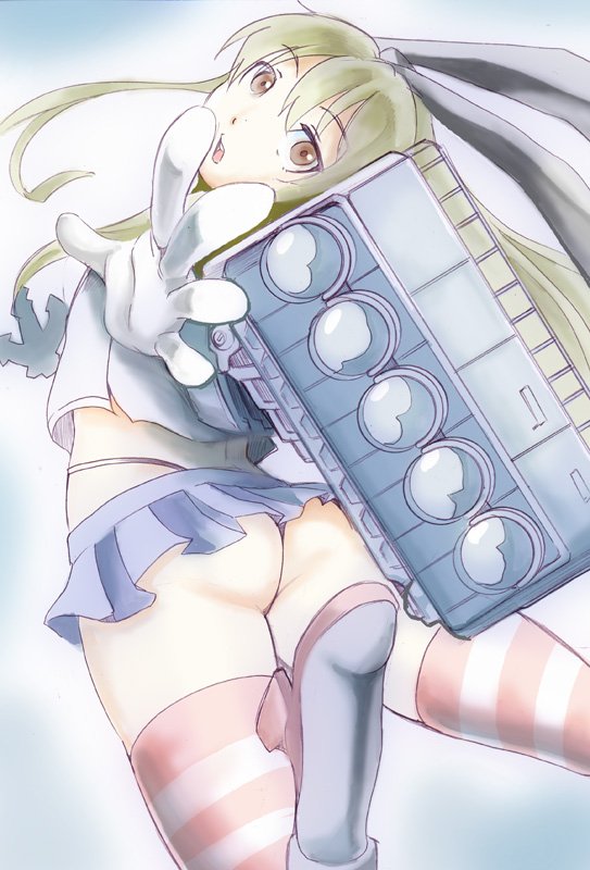 1girl anchor_hair_ornament ass back black_panties blonde_hair crop_top elbow_gloves from_behind gloves grey_eyes hair_ornament hairband highleg highleg_panties kamizono_(spookyhouse) kantai_collection long_hair looking_at_viewer looking_back machinery microskirt miniskirt open_mouth panties pleated_skirt sailor_collar school_uniform serafuku shimakaze_(kantai_collection) skirt striped striped_legwear thigh-highs thighs thong turret underwear uniform white_gloves