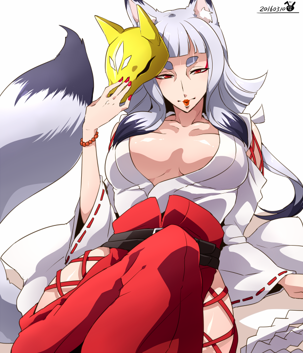 1girl animal_ears arai_nobu bangs blunt_bangs carta_issue digimon digimon_tamers eyebrows fox_ears fox_tail grey_hair gundam gundam_tekketsu_no_orphans japanese_clothes long_hair makeup mask miko sakuyamon tail