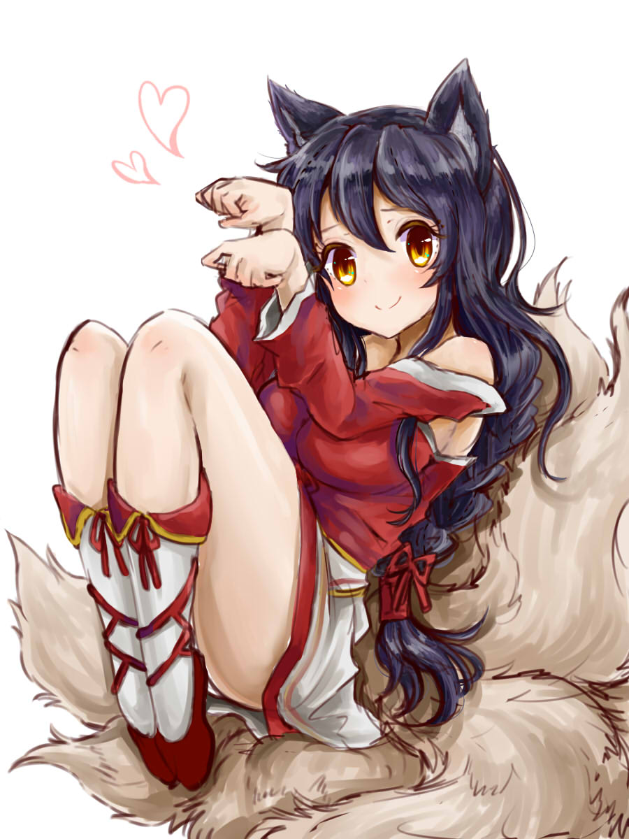 1girl ahri animal_ears bare_shoulders bent_knees detached_sleeves facial_mark fox_ears fox_tail furan_(marina6123) hair_between_eyes highres korean_clothes league_of_legends long_hair looking_at_viewer miniskirt multiple_tails paw_pose sitting skirt slit_pupils smile tail thighs whisker_markings yellow_eyes