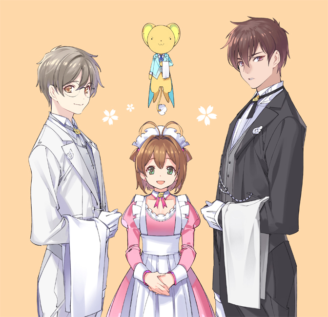 1girl 2boys :3 :d alternate_costume antenna_hair arm_at_side black_jacket black_pants black_ribbon blue_jacket bolo_tie brother_and_sister brown_eyes brown_hair buttons cardcaptor_sakura cherry_blossoms closed_mouth collared_shirt cowboy_shot dress dress_shirt flower flying formal glasses gloves green_eyes grey_hair grey_ribbon grey_vest hair_bobbles hair_intakes hair_ornament jacket juliet_sleeves kero kinomoto_sakura kinomoto_touya long_sleeves looking_at_viewer maid_headdress multiple_boys neck_ribbon open_mouth orange_background own_hands_together pants parted_lips pink_dress pop_kyun puffy_sleeves red_eyes ribbon round_glasses shirt short_hair siblings simple_background smile tailcoat towel tsukishiro_yukito two_side_up vest waiter waitress white_apron white_gloves white_jacket white_pants white_shirt wing_ornament