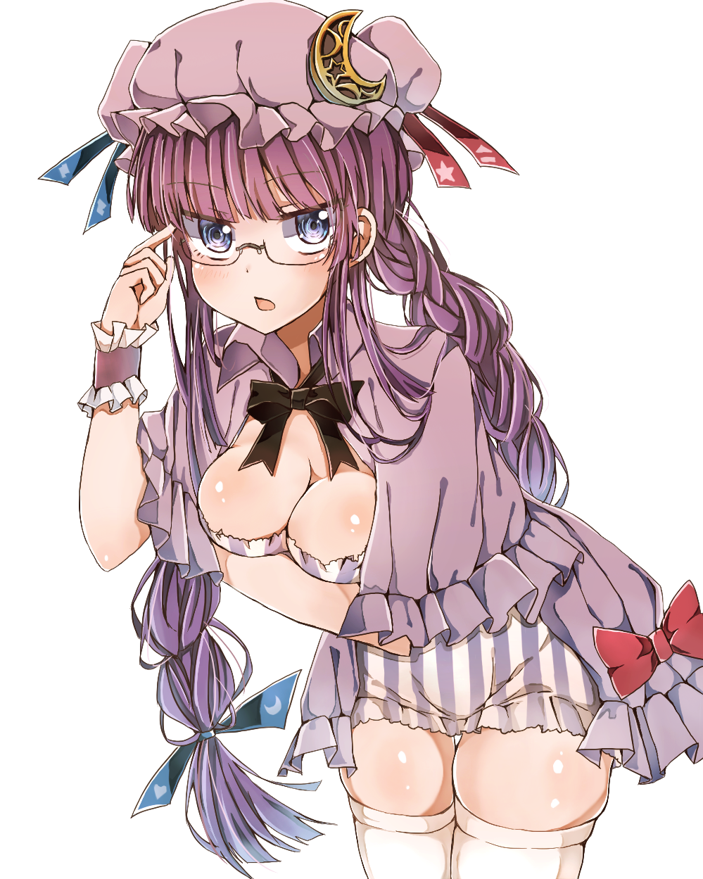 1girl adapted_costume adjusting_glasses alternate_costume alternate_hairstyle bangs bespectacled black_bow black_bowtie blue_eyes blue_ribbon blunt_bangs blush bow bowtie braid breast_hold breasts capelet cleavage cowboy_shot crescent crescent_hair_ornament dress eyebrows eyebrows_visible_through_hair frills glasses hair_ornament hair_ribbon heart heart_print highres leaning_forward long_hair looking_at_viewer open_mouth patchouli_knowledge purple_hair re-ka red_bow red_ribbon ribbon semi-rimless_glasses simple_background solo star star_print strapless strapless_dress striped thigh-highs thigh_gap touhou triangle twin_braids twintails under-rim_glasses vertical-striped_dress vertical_stripes very_long_hair violet_eyes white_background white_legwear wrist_cuffs