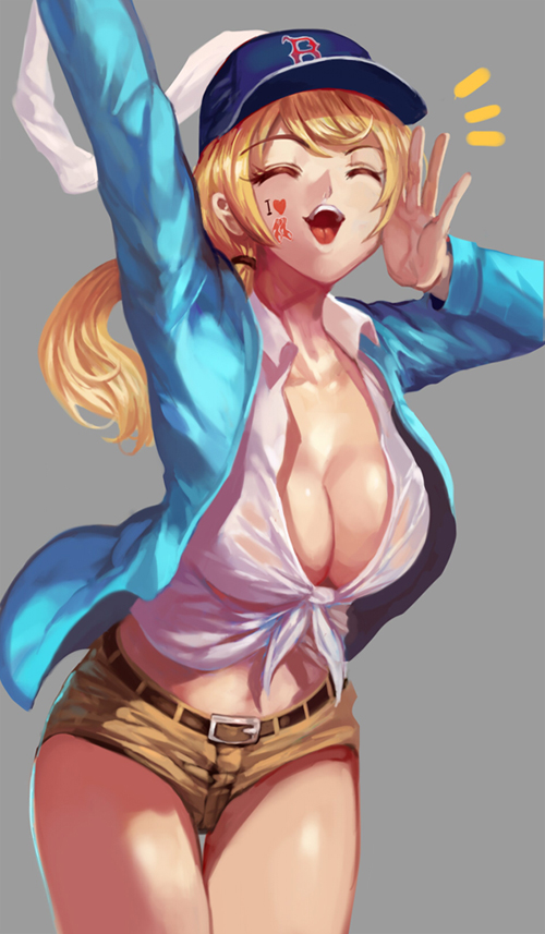 /\/\/\ 1girl ^_^ arm_up baseball_cap belt blonde_hair blue_hat blue_jacket body_writing boston_red_sox breasts cheering cleavage closed_eyes clothes_writing collared_shirt cowboy_shot ellen_baker facepaint front-tie_top grey_background hair_tie hat jacket large_breasts long_hair long_sleeves midriff new_horizon open_mouth palms ponytail see-through shirt short_shorts shorts simple_background solo stomach thigh_gap tied_shirt whistlerx white_shirt