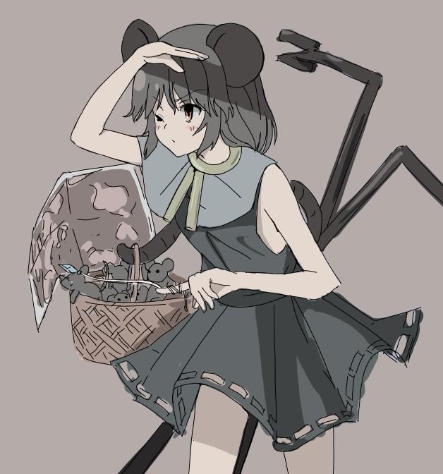 1girl animal_ears arm_up bare_arms basket capelet dowsing_rod dress eyebrows eyebrows_visible_through_hair grey_dress grey_hair hand_on_forehead jewelry looking_afar map mouse mouse_ears mouse_tail nazrin oshouyu_tabetai pendant sleeveless squinting tail touhou
