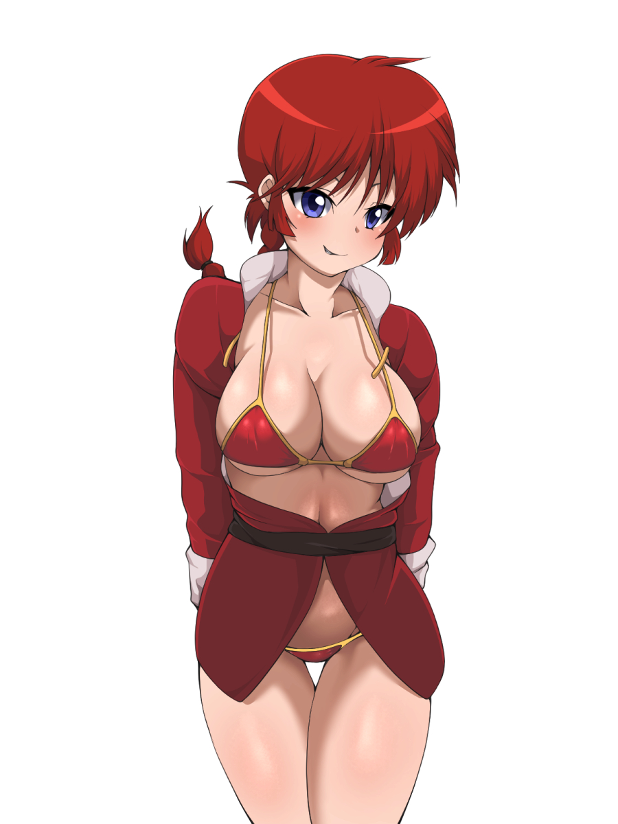 1girl bikini blush braid breasts chinese_clothes cleavage collarbone genderswap highres large_breasts long_hair mtf nanashi_maru navel open_clothes ponytail ranma-chan ranma_1/2 redhead saotome_ranma simple_background single_braid smirk solo strap_gap swimsuit tangzhuang thigh_gap under_boob white_background