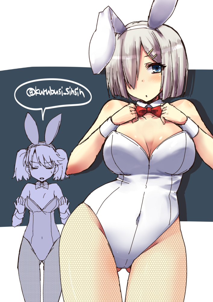 2girls animal_ears bare_shoulders blue_eyes bow bowtie breast_envy breasts bunny_girl bunnysuit cleavage detached_collar fishnet_pantyhose fishnets flat_chest hair_ornament hair_over_one_eye hairclip hamakaze_(kantai_collection) kantai_collection leotard long_hair multiple_girls open_mouth pantyhose rabbit_ears ryuujou_(kantai_collection) shinshin short_hair silver_hair sweatdrop twintails wide_hips wrist_cuffs